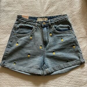Streetwear Society High Rise Pineapple Embroidered Mom Jean Shorts